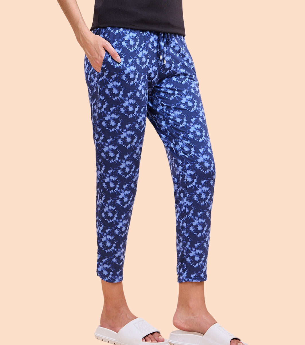 Enamor Essentials E048 Printed Tapered Lounge Pants With Self Fabric Drawstring With Metal Ends