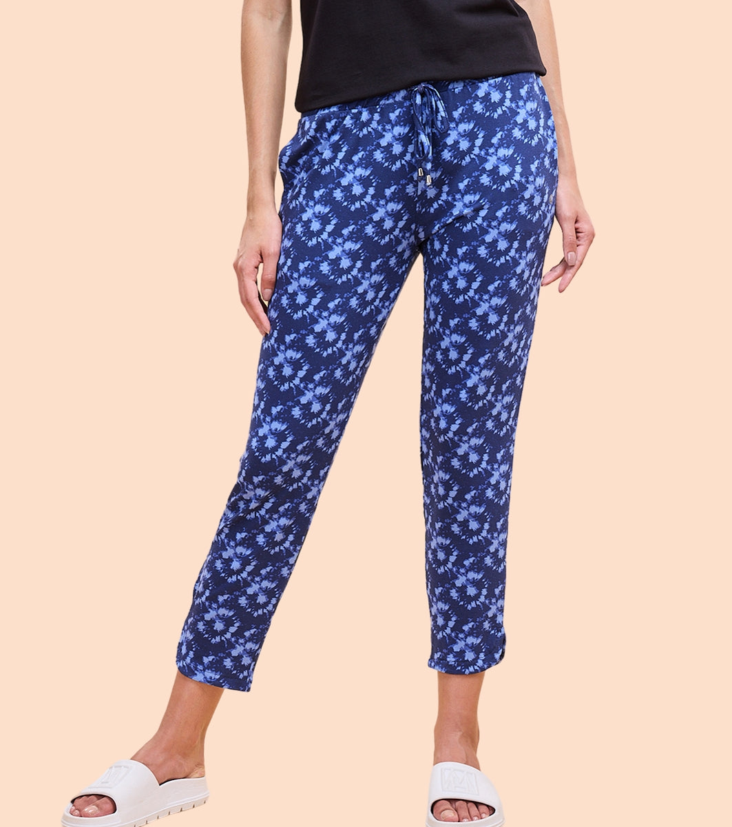 Enamor Essentials E048 Printed Tapered Lounge Pants With Self Fabric Drawstring With Metal Ends