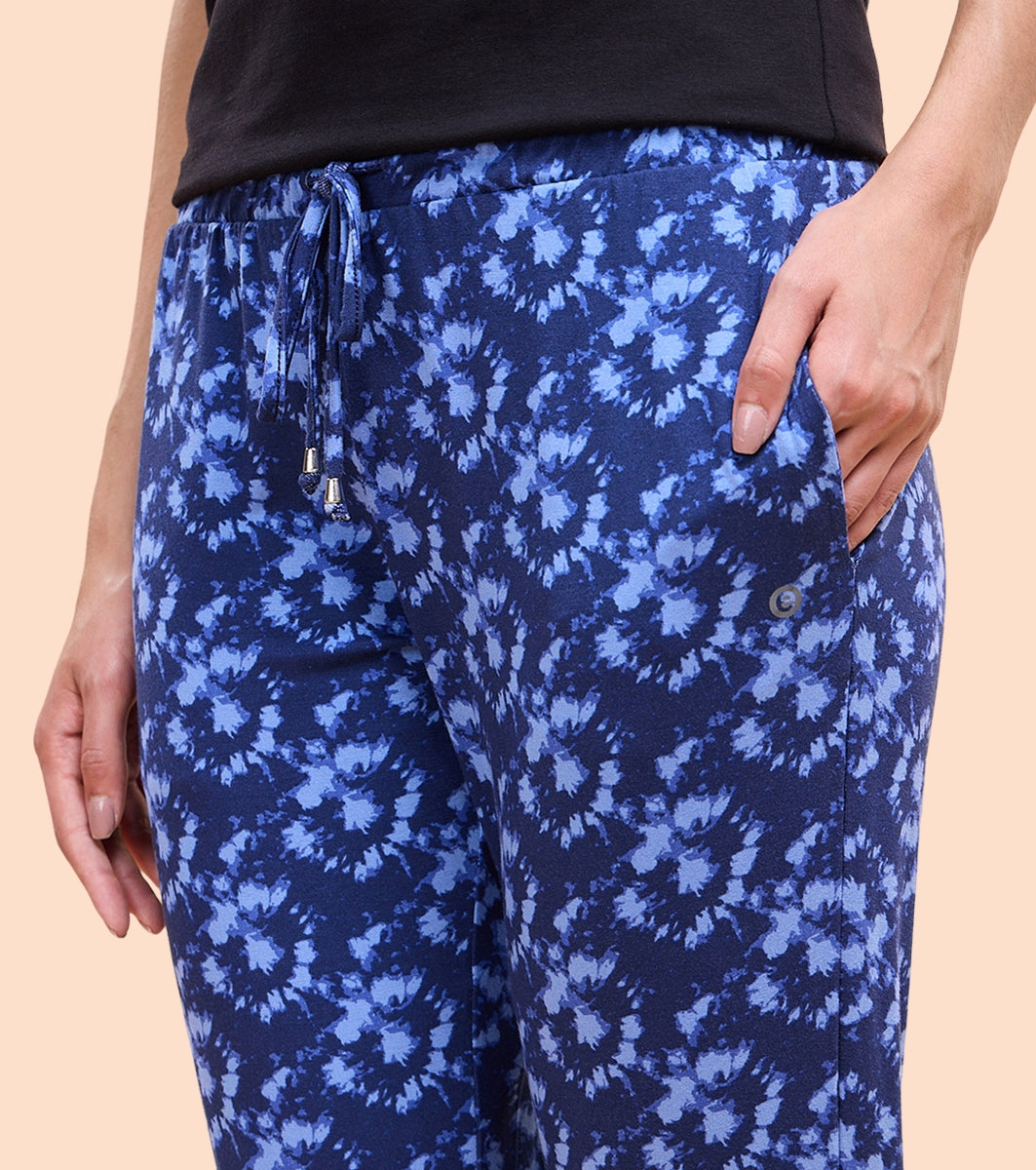 Enamor Essentials E048 Printed Tapered Lounge Pants With Self Fabric Drawstring With Metal Ends