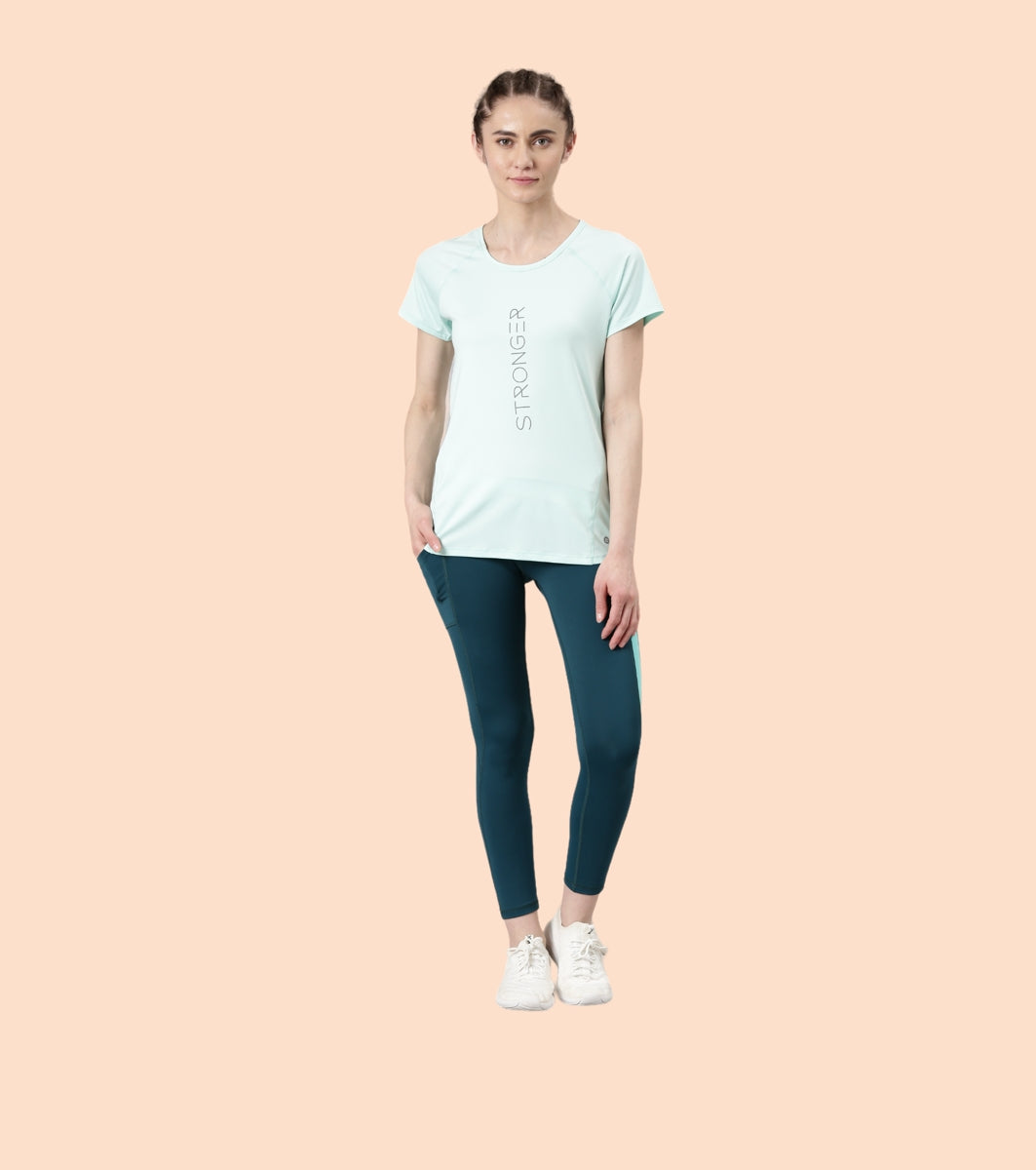 Enamor Active Dry Fit Graphic Tee For Women | Basic T-Shirt With Raglan Sleeve & Scoop Neck Design | Mauve Love - Fearless Graphic