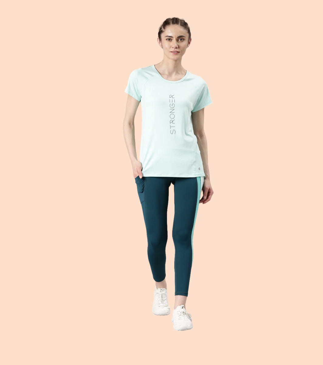 Enamor Active Dry Fit Graphic Tee For Women | Basic T-Shirt With Raglan Sleeve & Scoop Neck Design | Mauve Love - Fearless Graphic