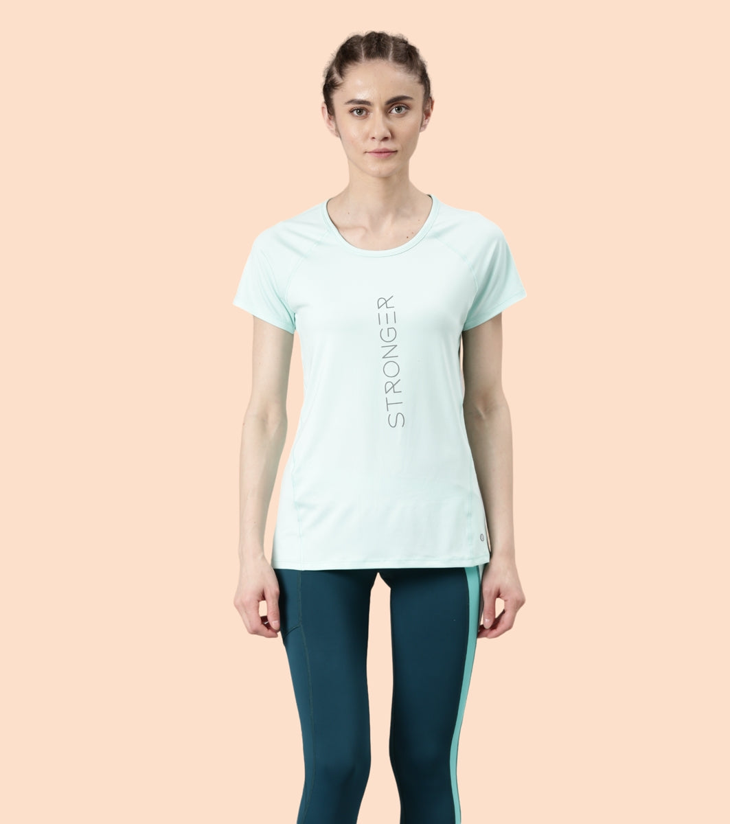 Enamor Active Dry Fit Graphic Tee For Women | Basic T-Shirt With Raglan Sleeve & Scoop Neck Design | Mauve Love - Fearless Graphic