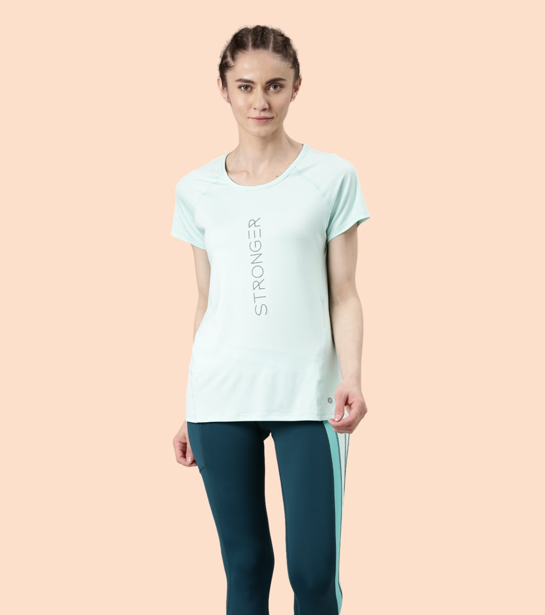 Enamor Active Dry Fit Graphic Tee For Women | Basic T-Shirt With Raglan Sleeve & Scoop Neck Design | Mauve Love - Fearless Graphic