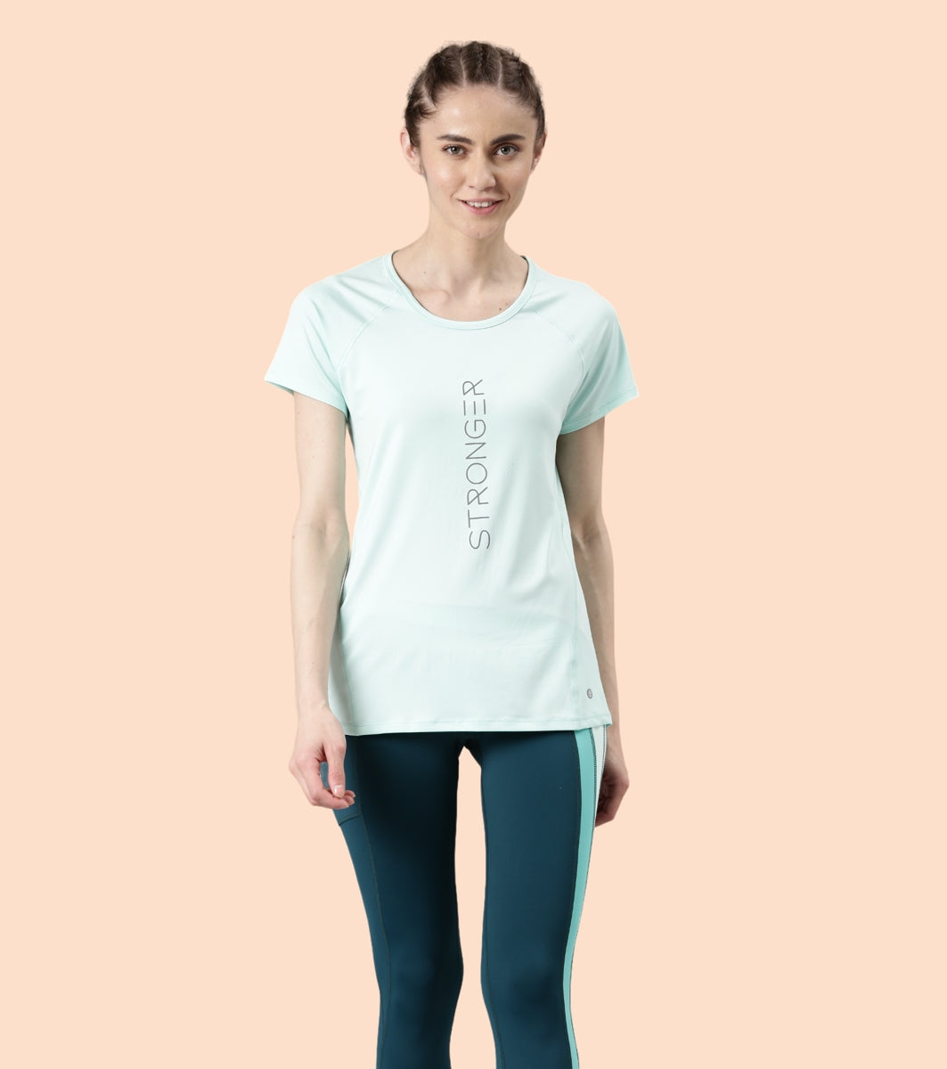 Enamor Active Dry Fit Graphic Tee For Women | Basic T-Shirt With Raglan Sleeve & Scoop Neck Design | Mauve Love - Fearless Graphic