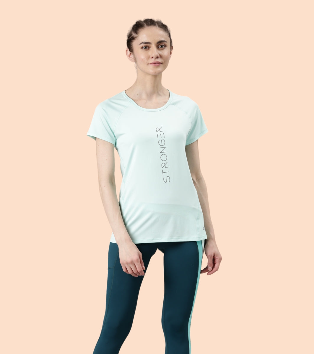 Enamor Active Dry Fit Graphic Tee For Women | Basic T-Shirt With Raglan Sleeve & Scoop Neck Design | Mauve Love - Fearless Graphic