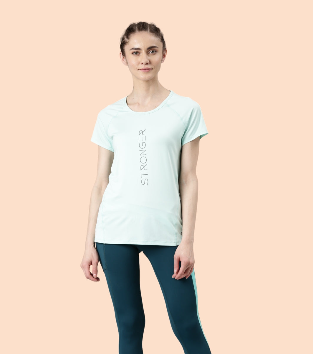 Enamor Active Dry Fit Graphic Tee For Women | Basic T-Shirt With Raglan Sleeve & Scoop Neck Design | Mauve Love - Fearless Graphic