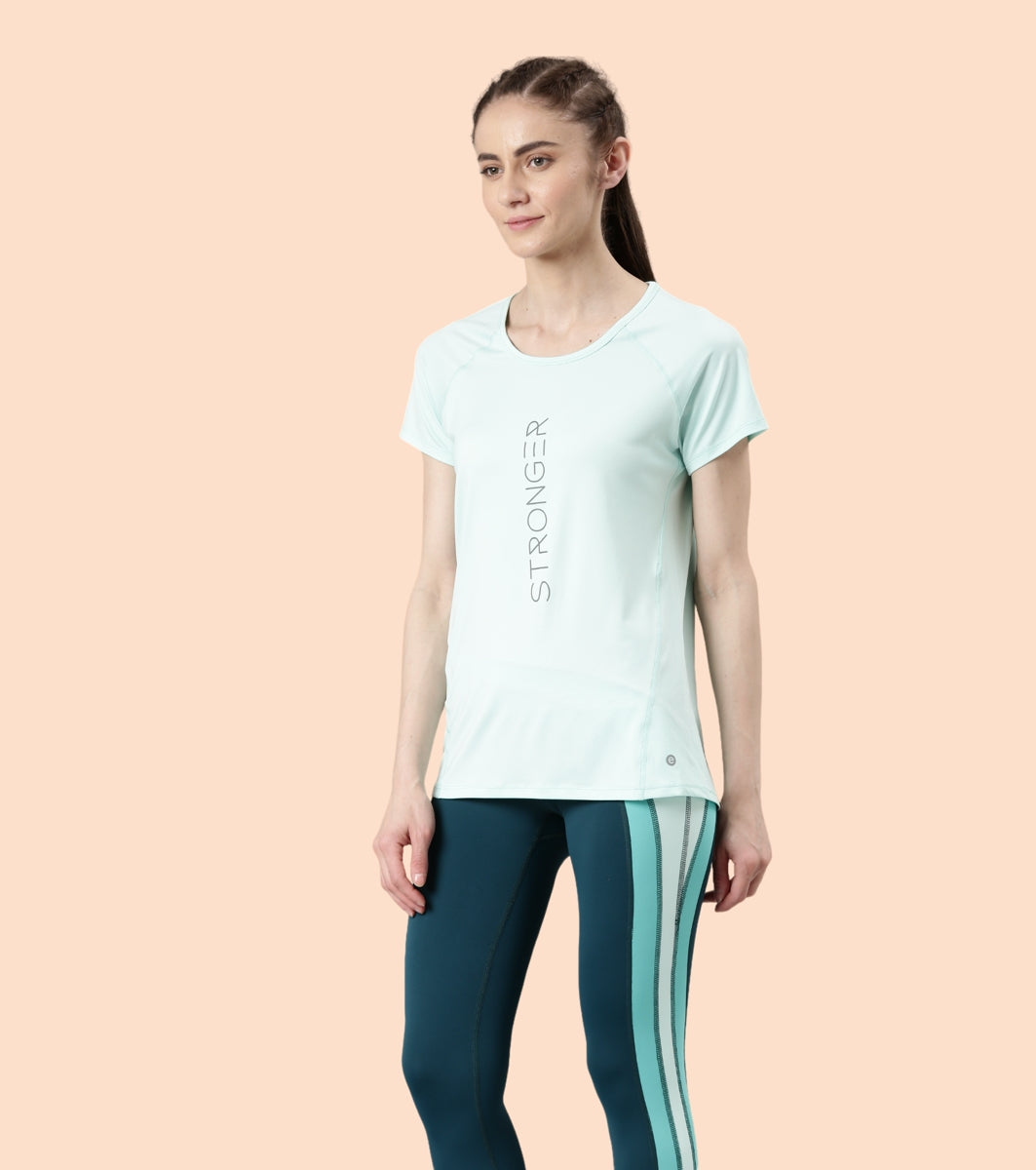 Enamor Active Dry Fit Graphic Tee For Women | Basic T-Shirt With Raglan Sleeve & Scoop Neck Design | Mauve Love - Fearless Graphic