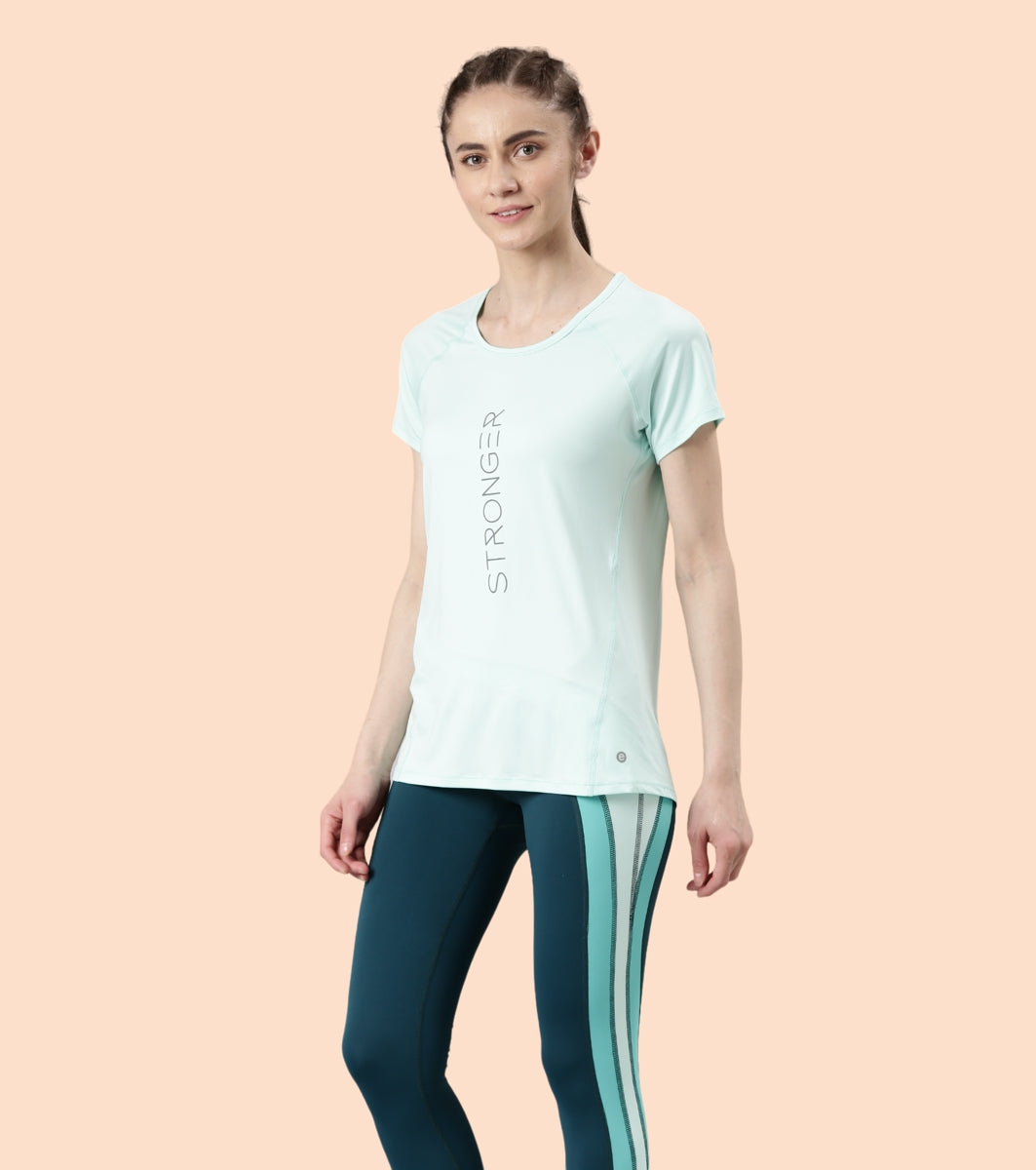 Enamor Active Dry Fit Graphic Tee For Women | Basic T-Shirt With Raglan Sleeve & Scoop Neck Design | Mauve Love - Fearless Graphic