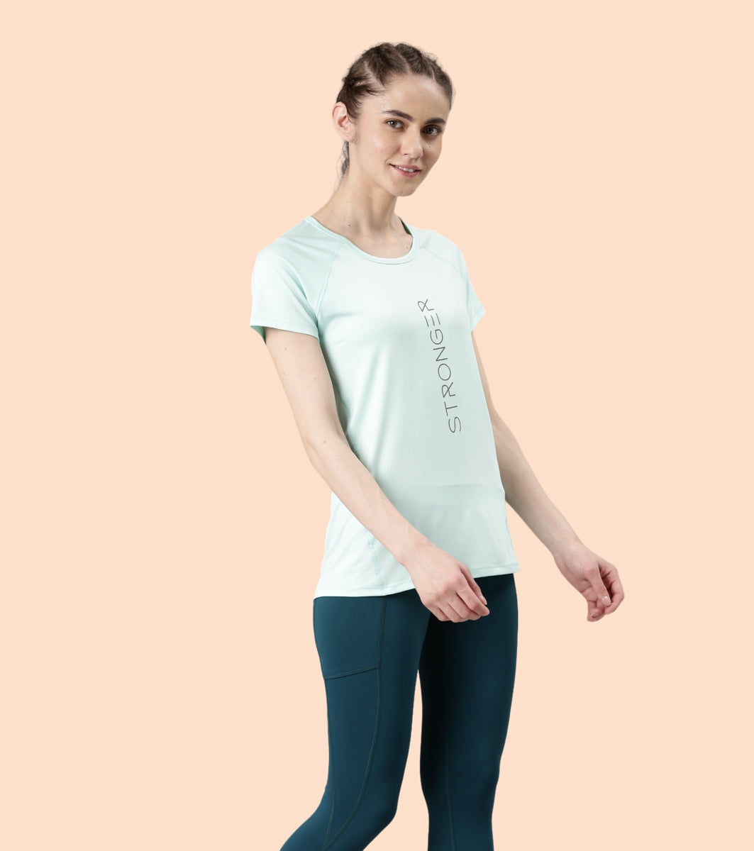 Enamor Active Dry Fit Graphic Tee For Women | Basic T-Shirt With Raglan Sleeve & Scoop Neck Design | Mauve Love - Fearless Graphic