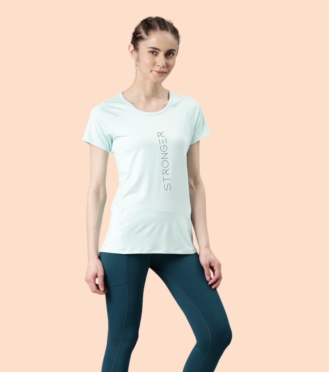 Enamor Active Dry Fit Graphic Tee For Women | Basic T-Shirt With Raglan Sleeve & Scoop Neck Design | Mauve Love - Fearless Graphic