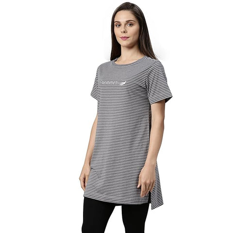 Tunic Tee – Stripes | Short Sleeve Tunic Tee With Side Slit & Mindful Graphic