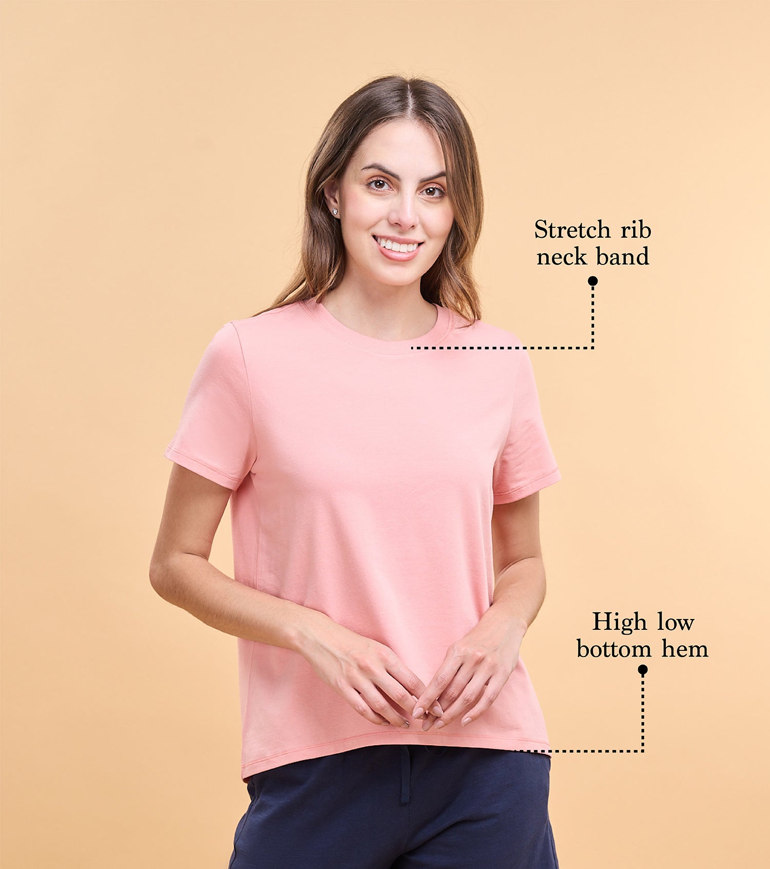 Enamor E305 High Low Tee Crew Neck Basic Stretch Cotton Tee