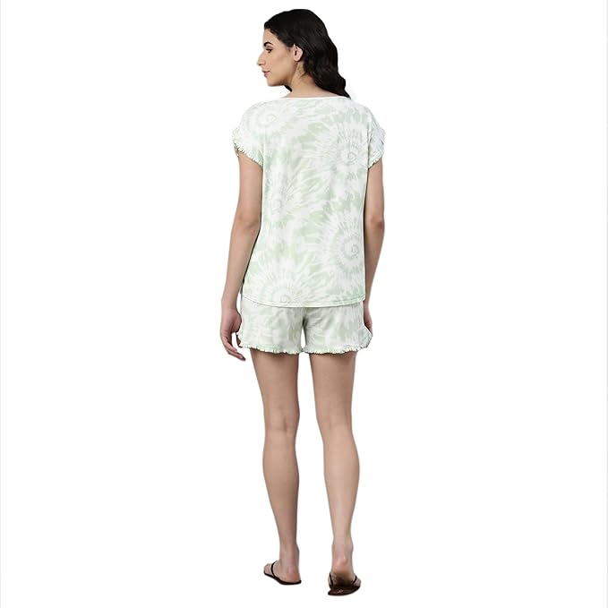 Home Shorts Set | Viscose Printed Ruffled Trim Tee And Shorts Set - EC14