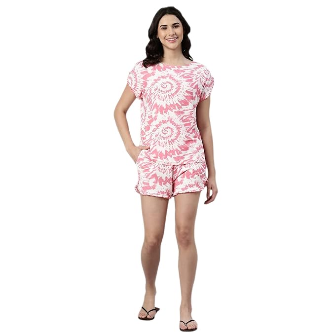 Home Shorts Set | Viscose Printed Ruffled Trim Tee And Shorts Set - EC14