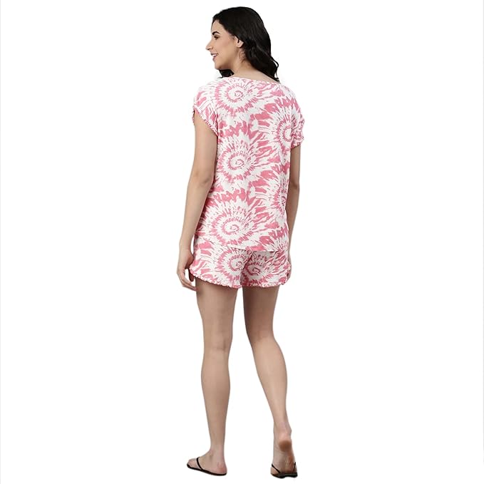 Home Shorts Set | Viscose Printed Ruffled Trim Tee And Shorts Set - EC14