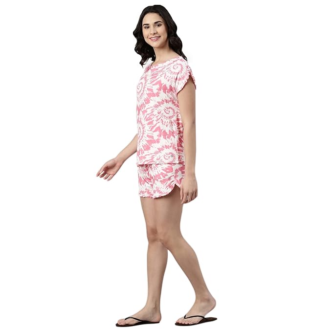 Home Shorts Set | Viscose Printed Ruffled Trim Tee And Shorts Set - EC14