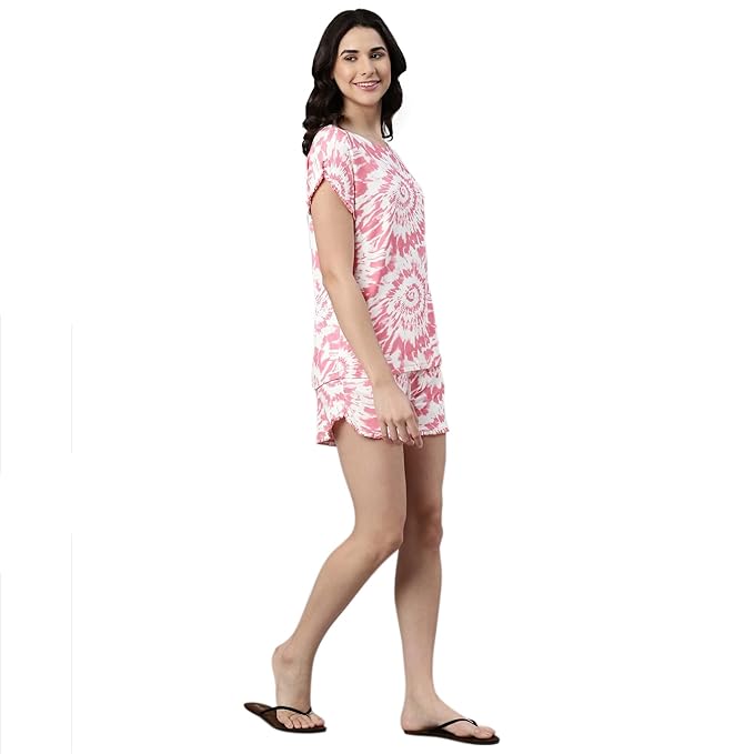 Home Shorts Set | Viscose Printed Ruffled Trim Tee And Shorts Set - EC14