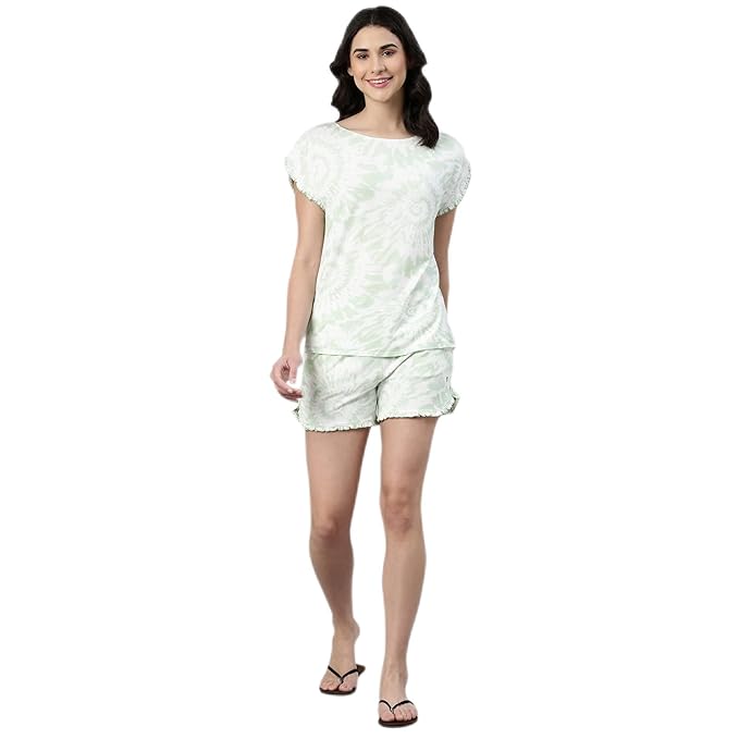 Home Shorts Set | Viscose Printed Ruffled Trim Tee And Shorts Set - EC14