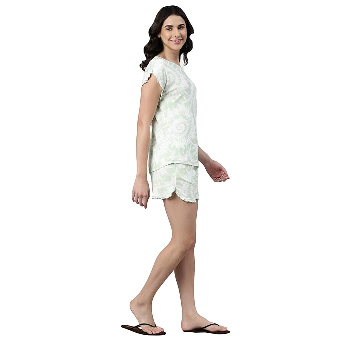 Home Shorts Set | Viscose Printed Ruffled Trim Tee And Shorts Set - EC14