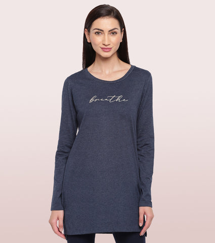 Tunic Tee – Solid | Long Sleeve Tunic Tee With Side Slit & Mindful Graphic