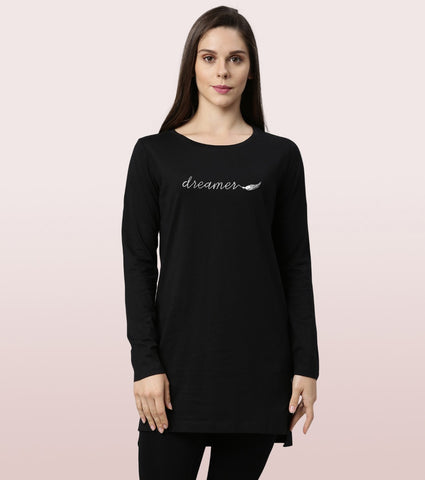 Tunic Tee – Solid | Long Sleeve Tunic Tee With Side Slit & Mindful Graphic