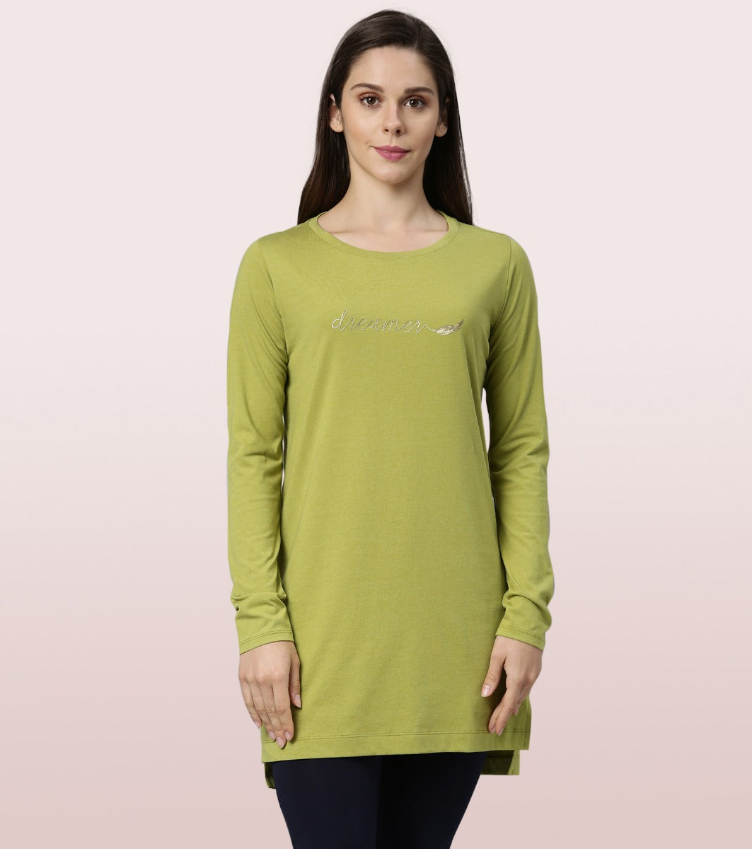 Tunic Tee – Solid | Long Sleeve Tunic Tee With Side Slit & Mindful Graphic