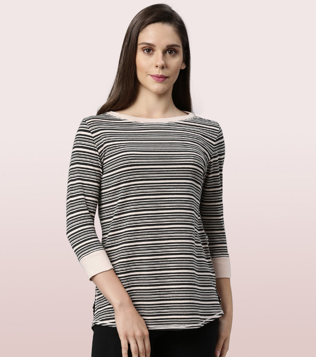 Long Tee – Striped | ¾ Sleeve Boat Neck Lounge Tee With Mindful Graphic