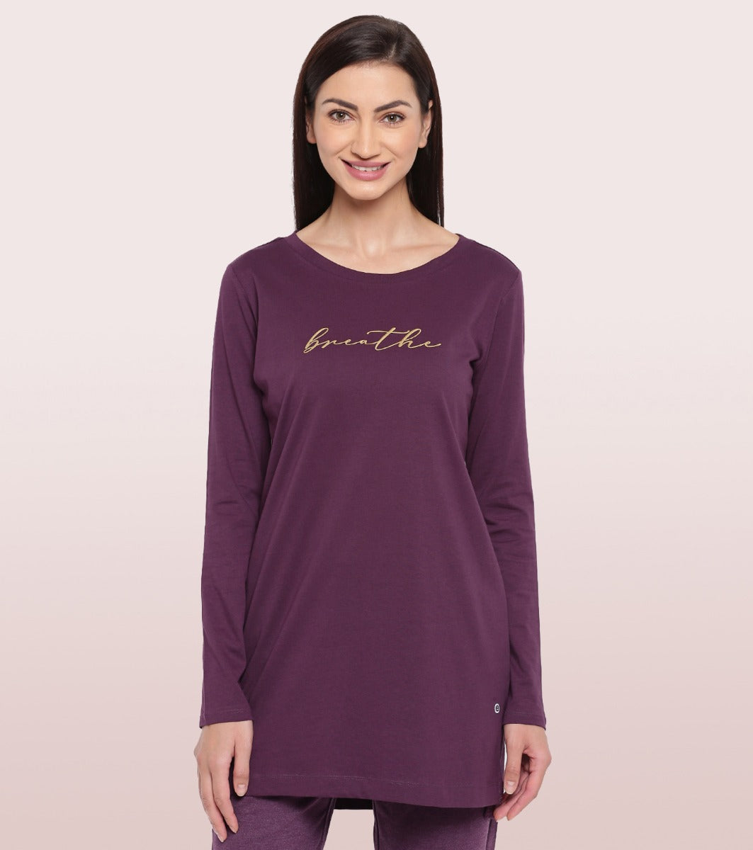 Tunic Tee – Solid | Long Sleeve Tunic Tee With Side Slit & Mindful Graphic