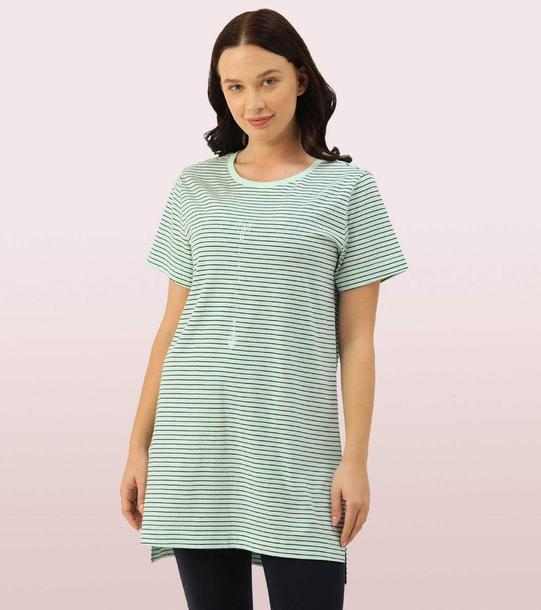 Tunic Tee - Striped | Short Sleeve Tunic Tee With Side Slit & Mindful Graphic