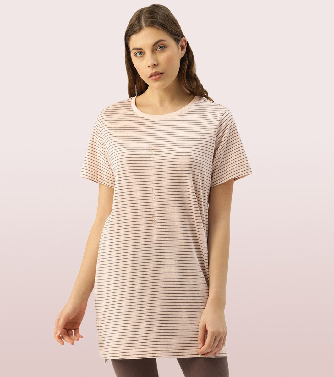 Tunic Tee - Striped | Short Sleeve Tunic Tee With Side Slit & Mindful Graphic