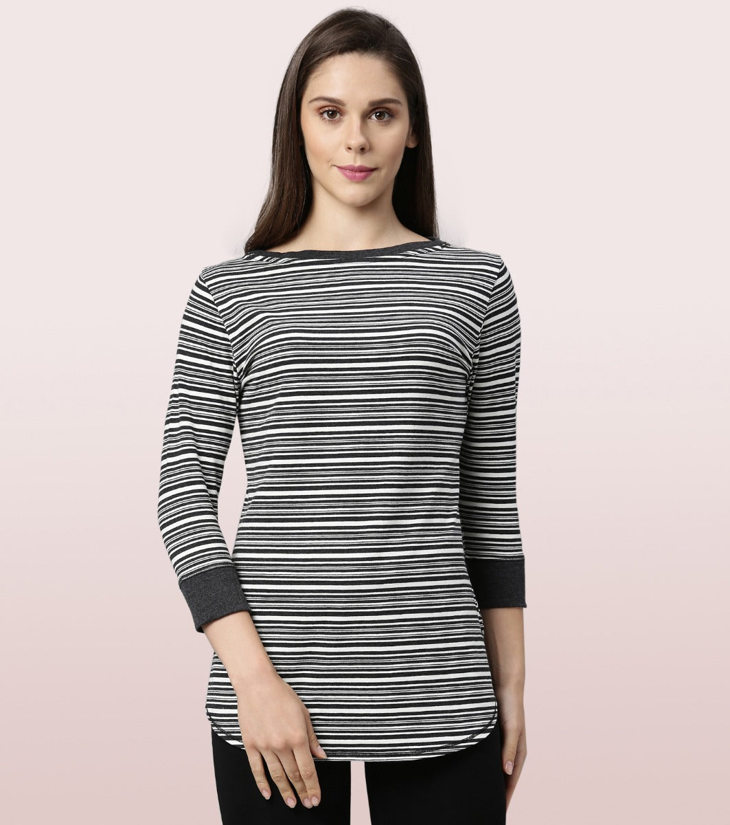 Long Tee – Striped | ¾ Sleeve Boat Neck Lounge Tee With Mindful Graphic