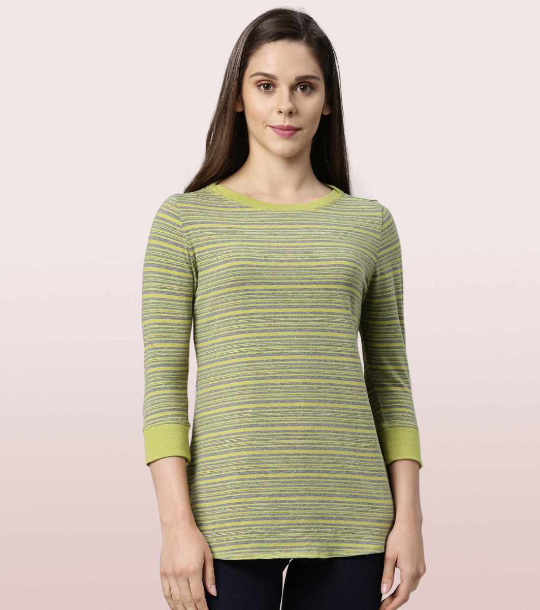 Long Tee – Striped | ¾ Sleeve Boat Neck Lounge Tee With Mindful Graphic