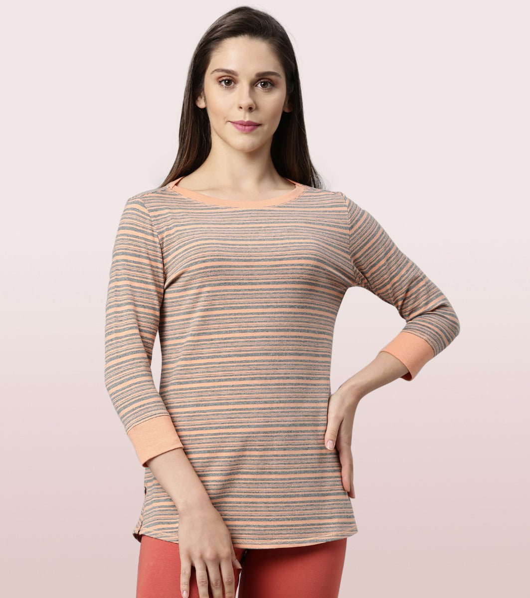 Long Tee – Striped | ¾ Sleeve Boat Neck Lounge Tee With Mindful Graphic