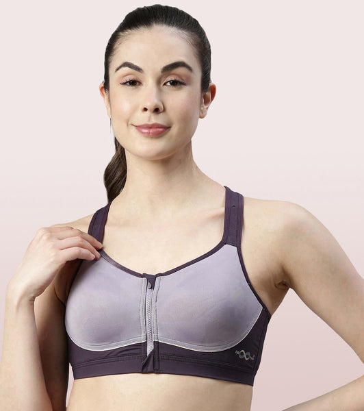 Enamor SB14 High Impact Sports Bra - Removable Pads Wirefree Front Zipper -  Graphite 34B
