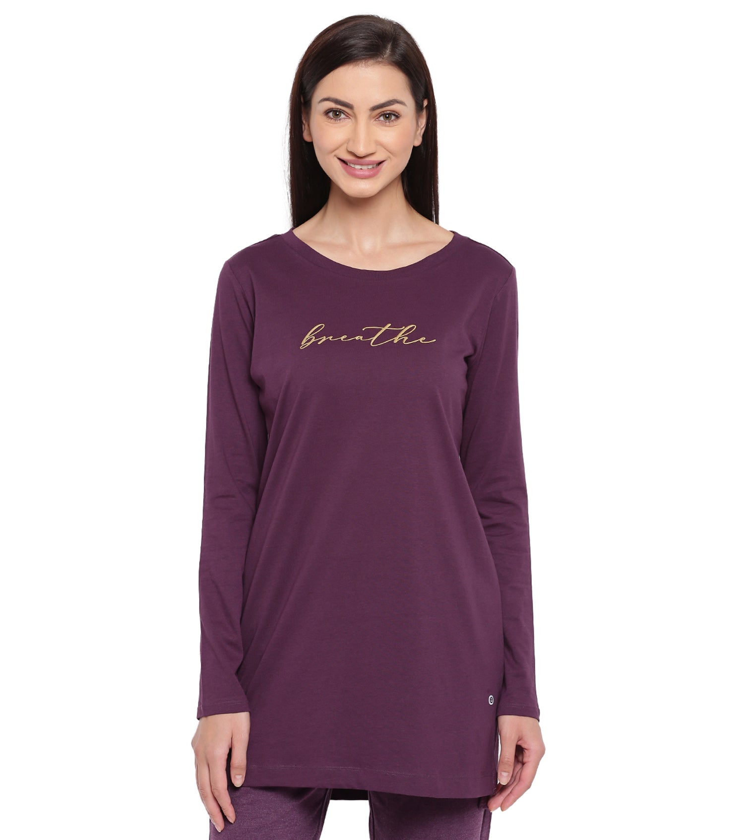 Tunic Tee – Solid | Long Sleeve Tunic Tee With Side Slit & Mindful Graphic