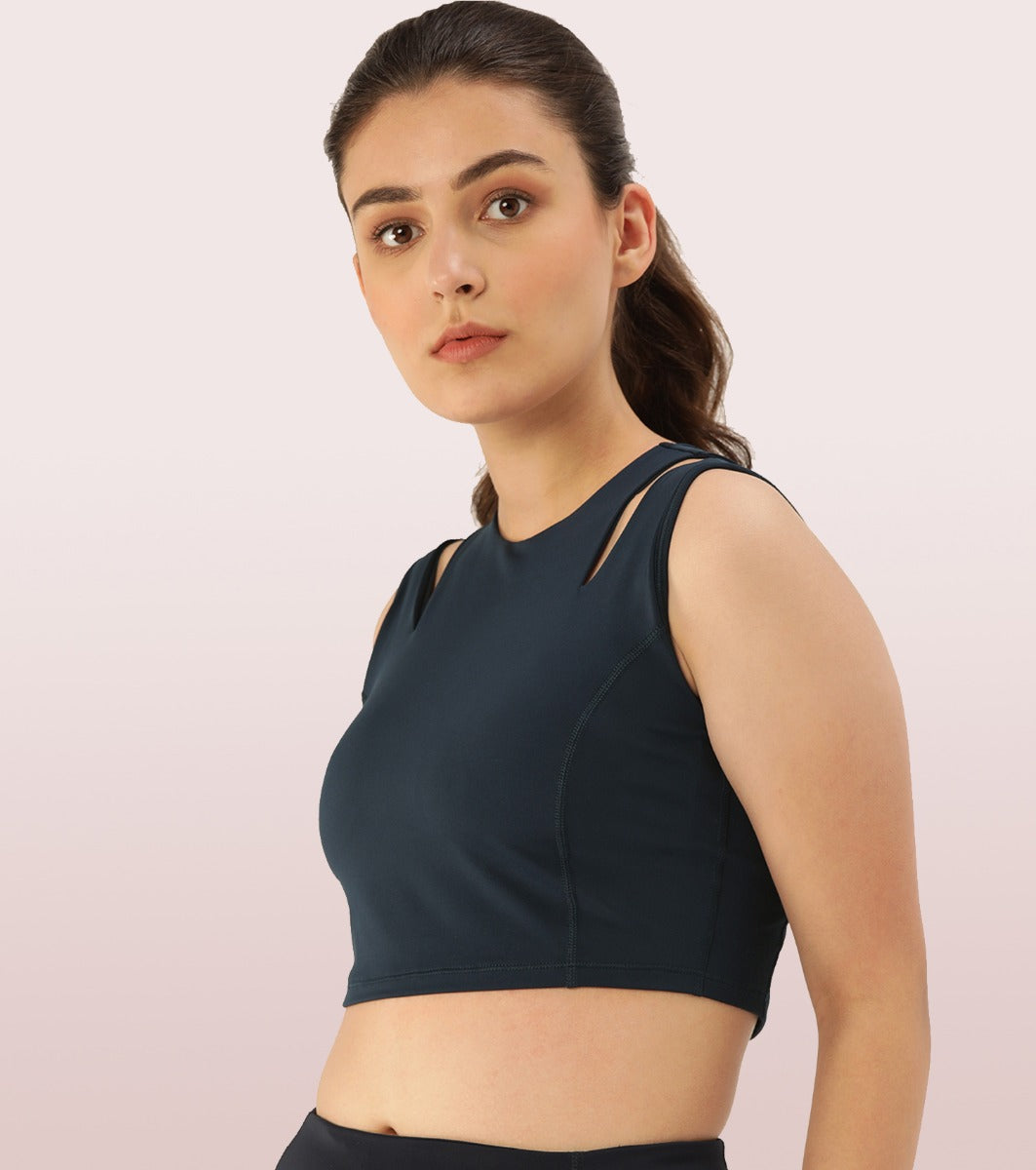 Shelf Bra Crop Vest | Crew Neck Vest With In-Built Shelf Bra Support & Removable Padding