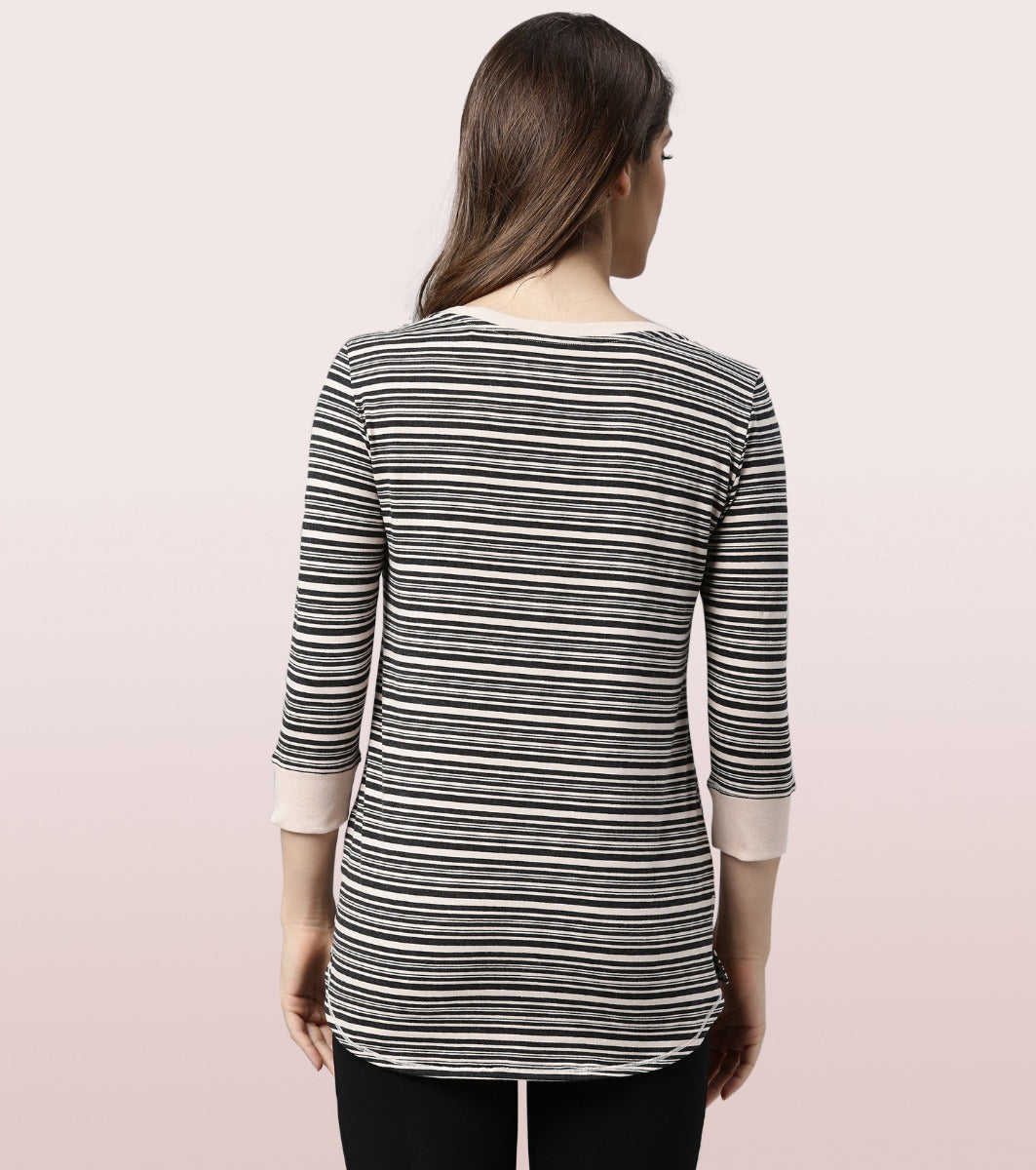 Long Tee – Striped | ¾ Sleeve Boat Neck Lounge Tee With Mindful Graphic