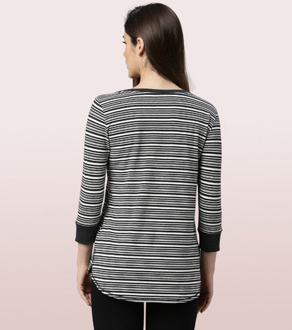 Long Tee – Striped | ¾ Sleeve Boat Neck Lounge Tee With Mindful Graphic