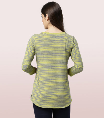 Long Tee – Striped | ¾ Sleeve Boat Neck Lounge Tee With Mindful Graphic