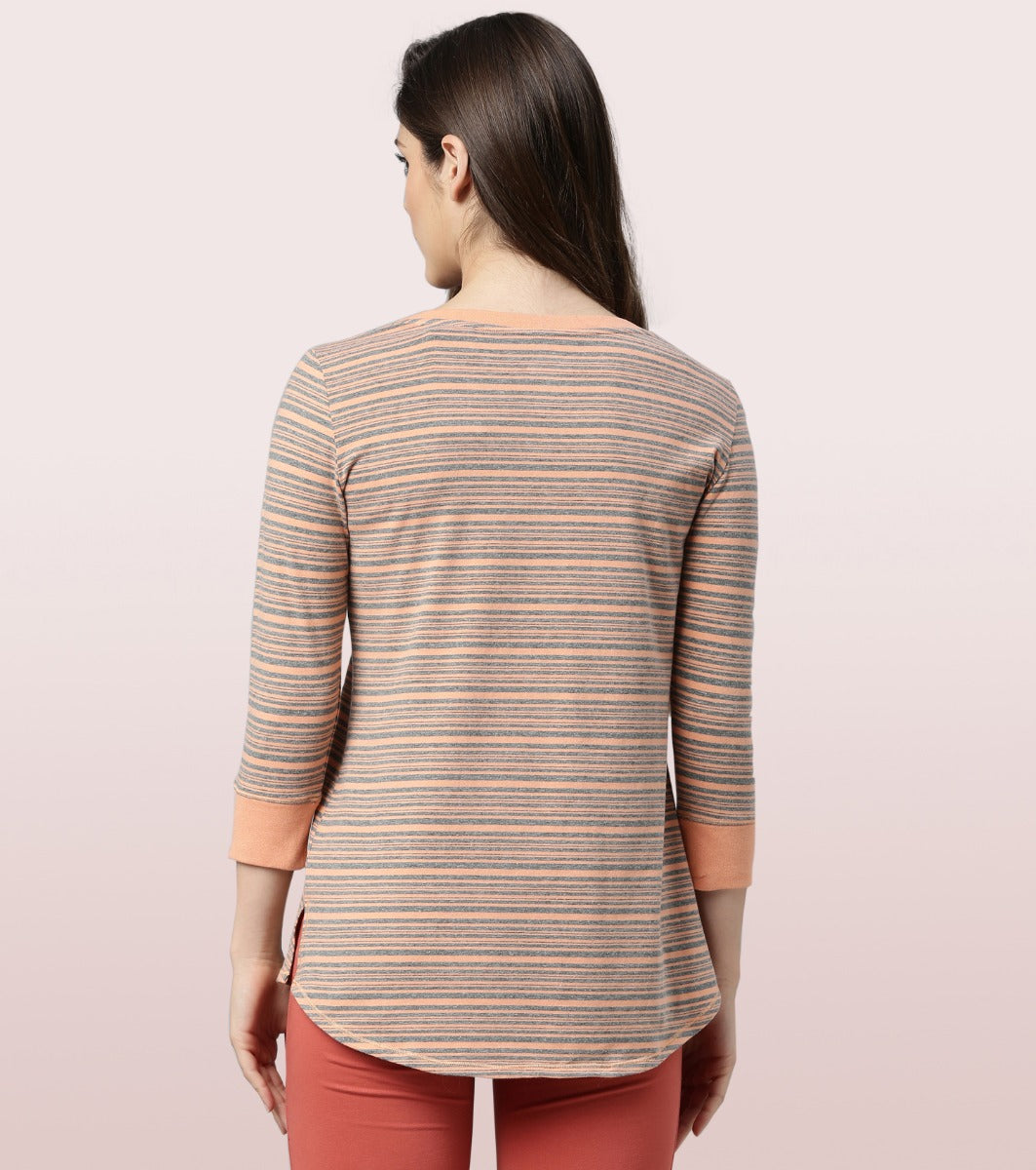 Long Tee – Striped | ¾ Sleeve Boat Neck Lounge Tee With Mindful Graphic