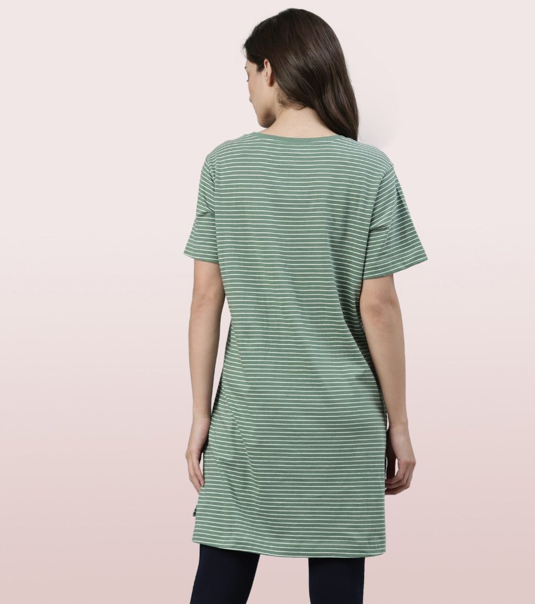 Tunic Tee – Stripes | Short Sleeve Tunic Tee With Side Slit & Mindful Graphic