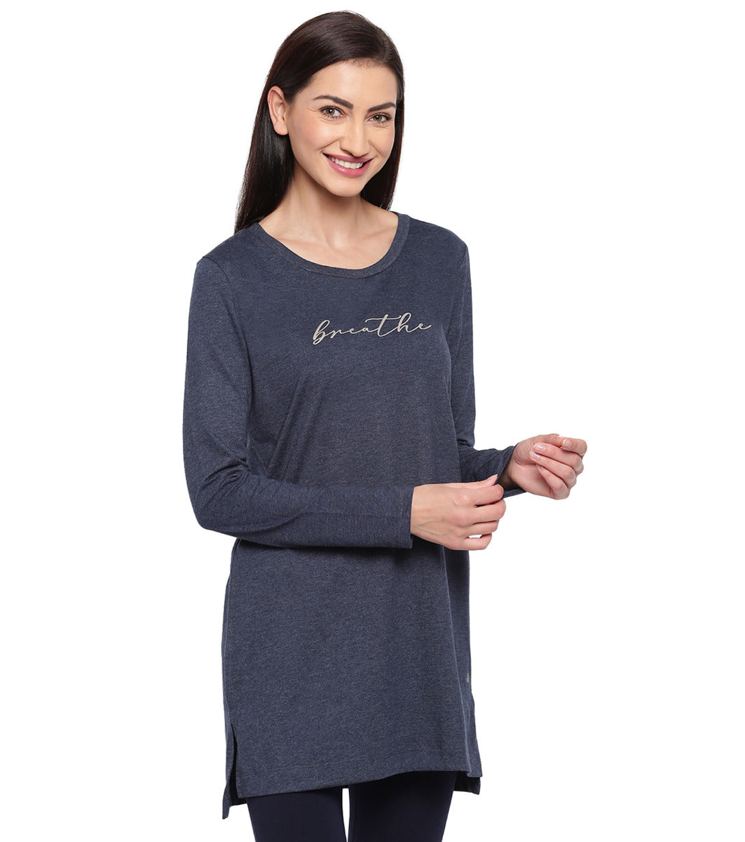 Tunic Tee – Solid | Long Sleeve Tunic Tee With Side Slit & Mindful Graphic