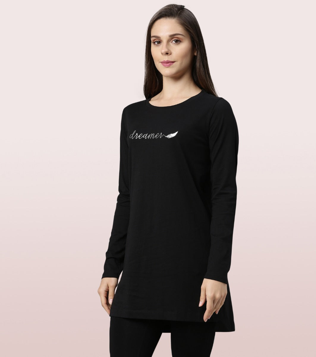 Tunic Tee – Solid | Long Sleeve Tunic Tee With Side Slit & Mindful Graphic