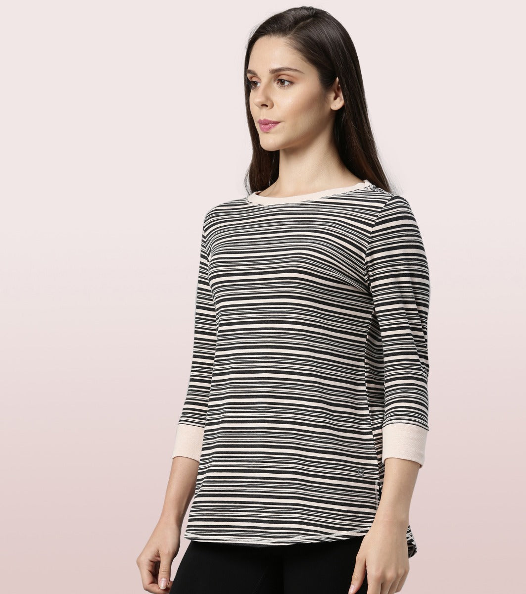 Long Tee – Striped | ¾ Sleeve Boat Neck Lounge Tee With Mindful Graphic