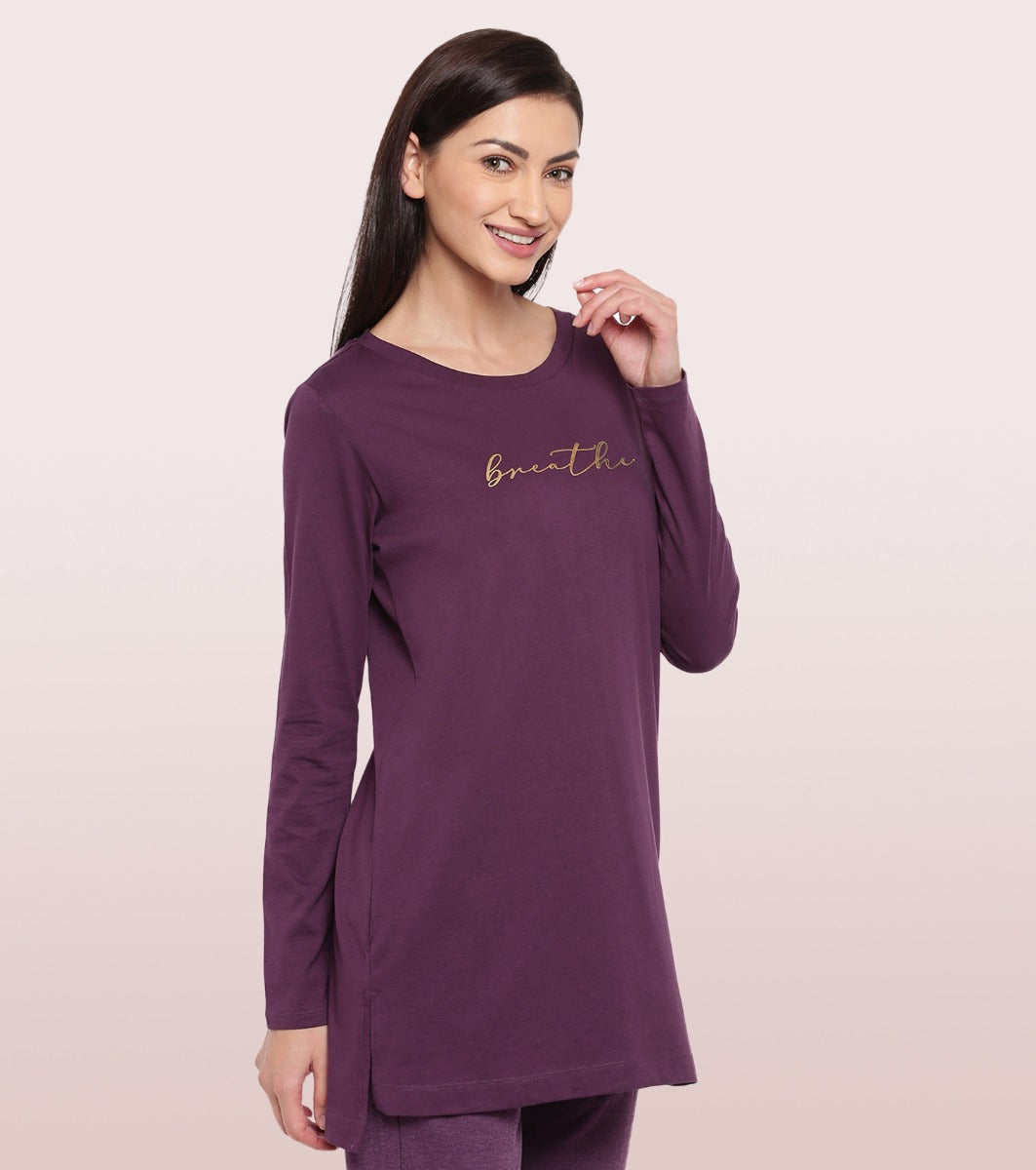 Tunic Tee – Solid | Long Sleeve Tunic Tee With Side Slit & Mindful Graphic