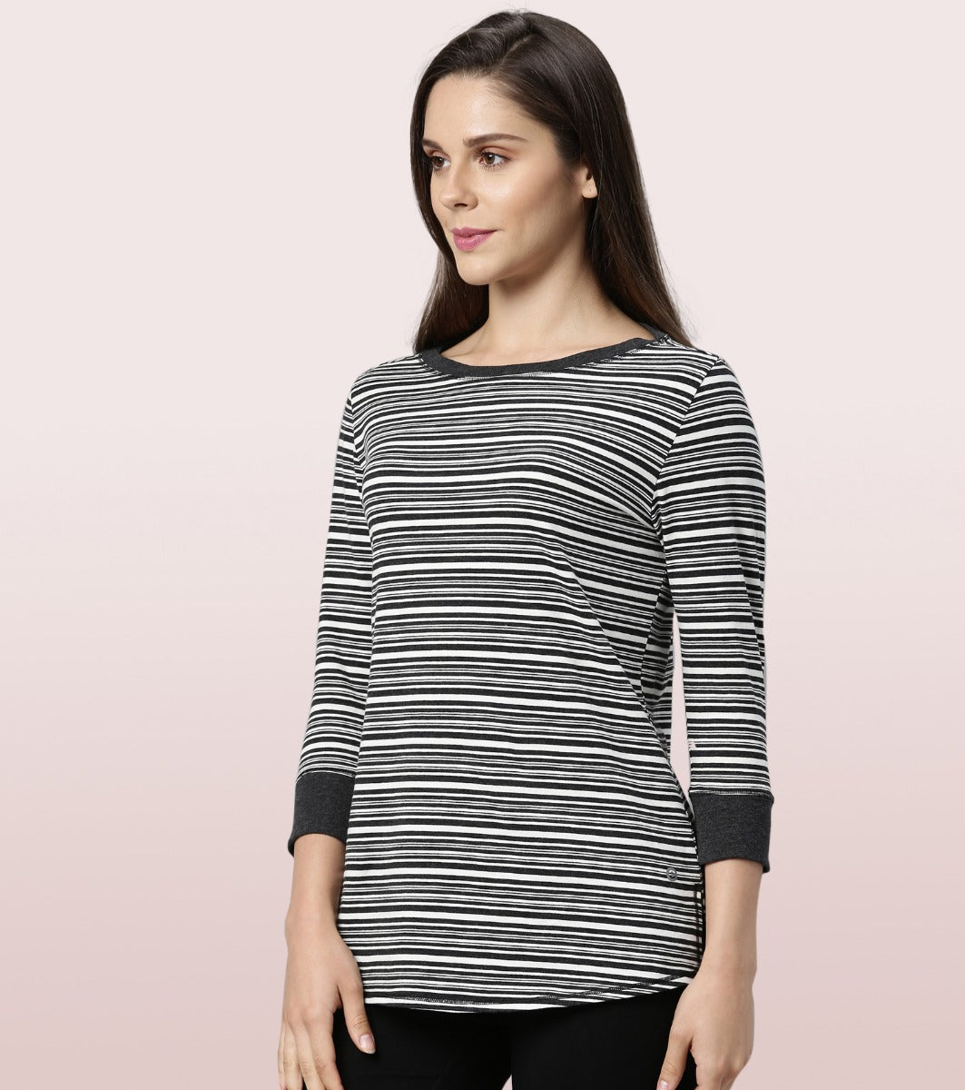 Long Tee – Striped | ¾ Sleeve Boat Neck Lounge Tee With Mindful Graphic