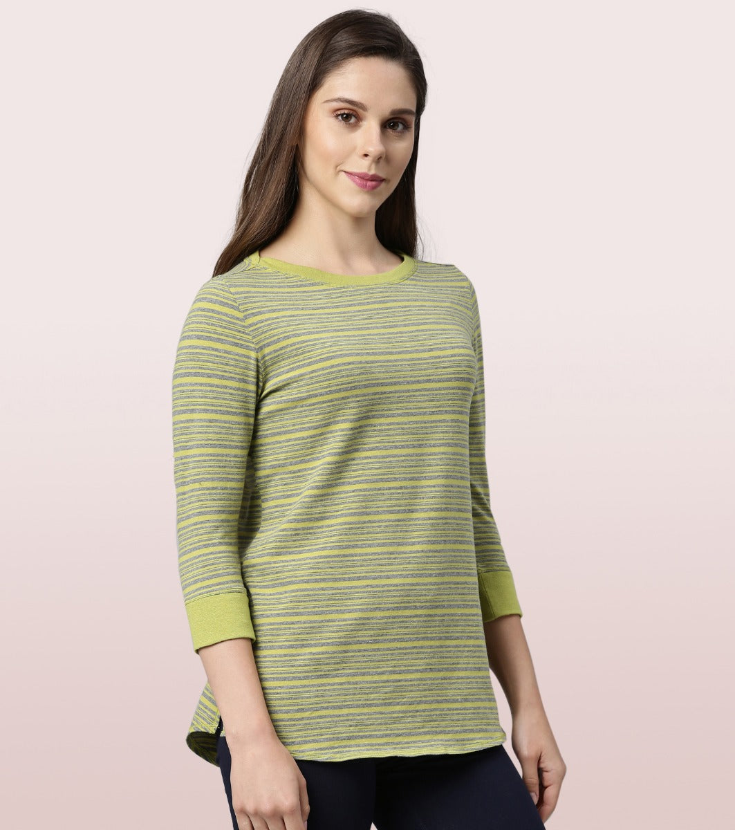 Long Tee – Striped | ¾ Sleeve Boat Neck Lounge Tee With Mindful Graphic