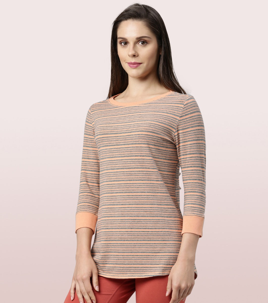 Long Tee – Striped | ¾ Sleeve Boat Neck Lounge Tee With Mindful Graphic