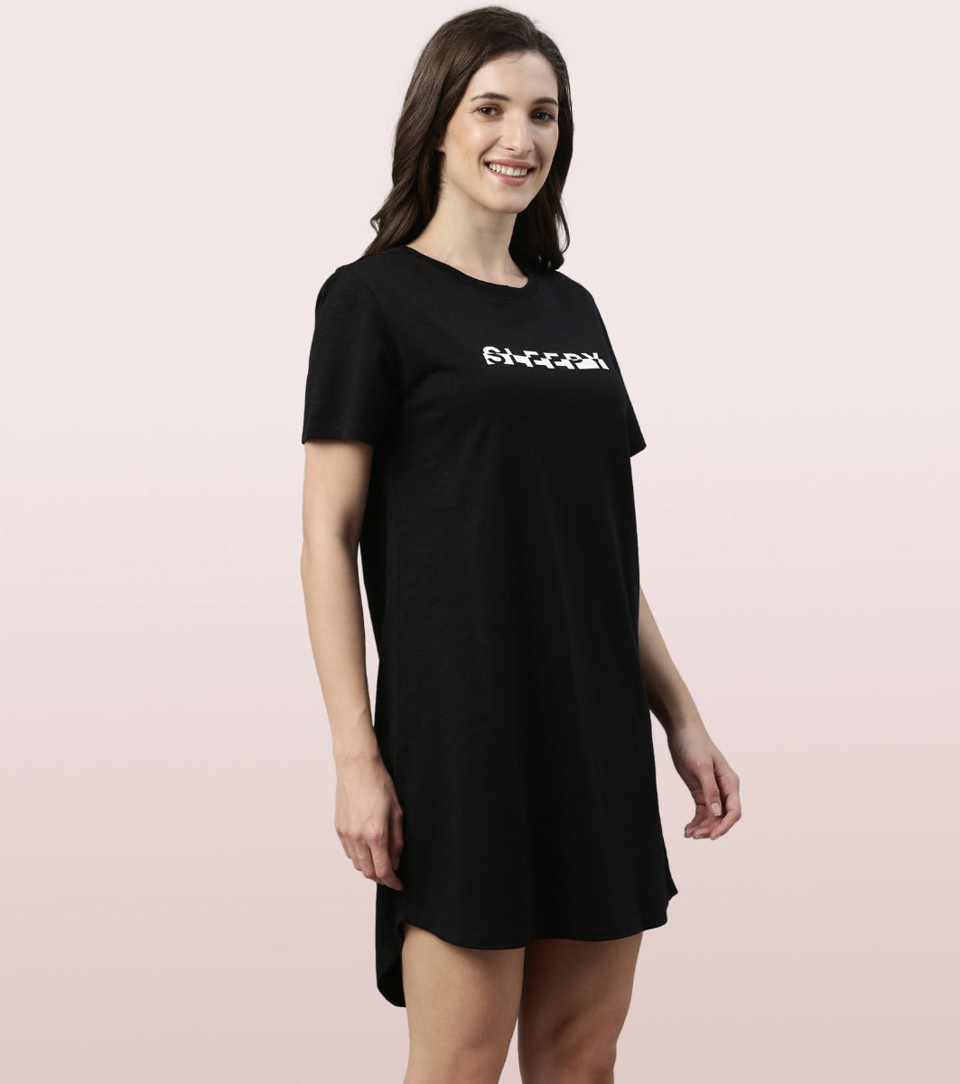 Basic Dress | Cotton Slounge Mini Dress With Chest Graphic