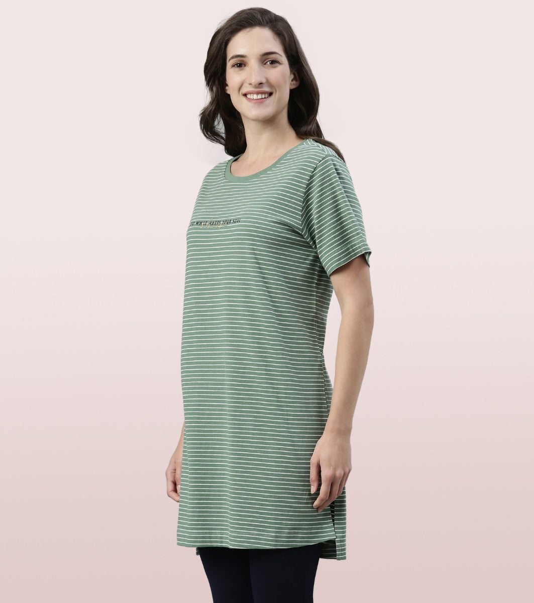 Tunic Tee – Stripes | Short Sleeve Tunic Tee With Side Slit & Mindful Graphic